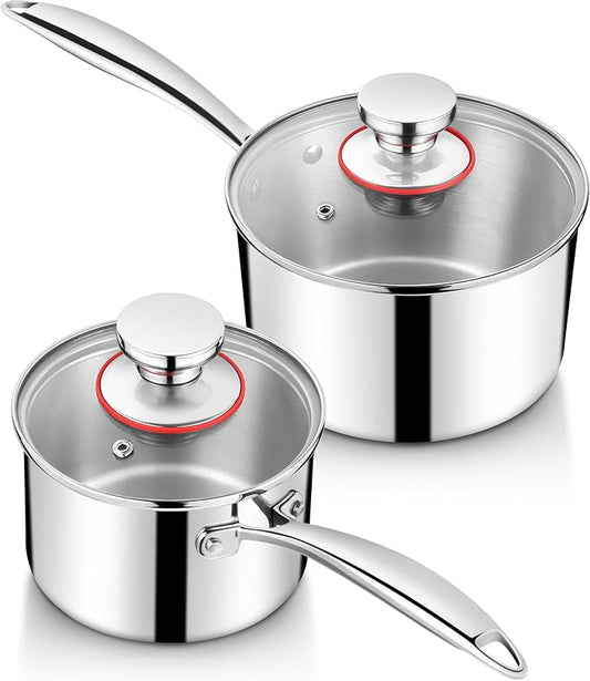 Homikit 2pcs Saucepans with Lid, 1QT & 2QT Tri-Ply Stainless Steel Sauce Pan Set, Heavy Duty Small Kitchen Pots for Cooking, Warming Milk, Boiling Eggs, Dishwasher Safe & Induction Compatible