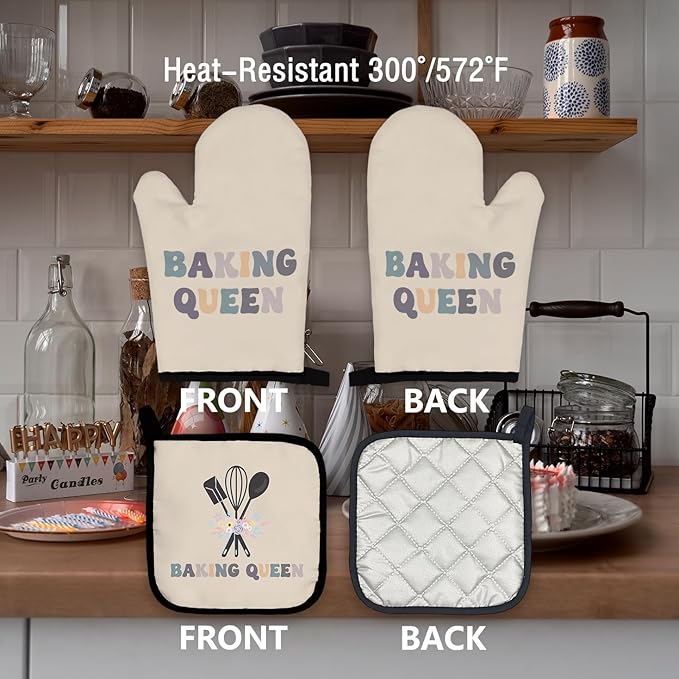 Baking Queen Oven Mitts and Pot Holders Sets, Baker Mittens, Gifts for Women, Beige Floral Kitchen Decor, Lover Gloves