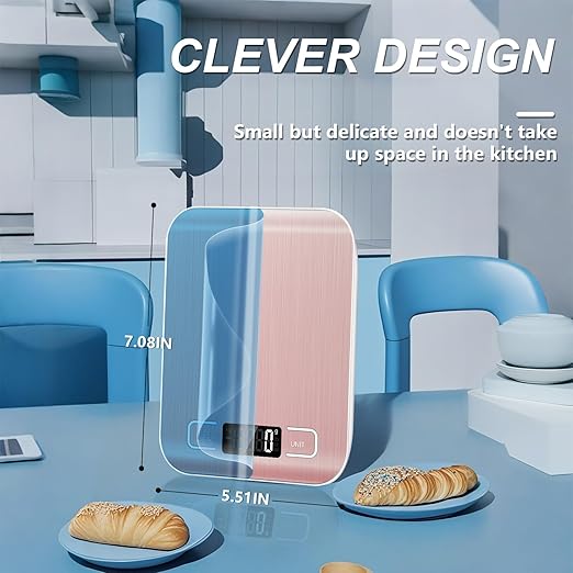 Food Scale, 11lb Kitchen Scale with 6 Units Tare Function & LCD Display, 0.05oz/1g Stainless Steel Digital Food Scale Grams and Ounces for Baking, Cooking, Dieting and Meal Prep (Pink)