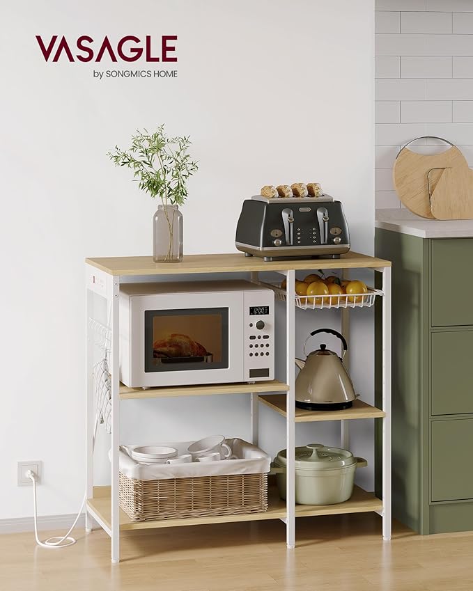 VASAGLE Baker's Rack, Coffee Bar Stand with Charging Station, Storage Shelves, Pull-Out Wire Basket, Table for Microwave, Kitchen, Oak Beige UKKS036Y09, 15.7 x 35.4 x 35.6 Inches