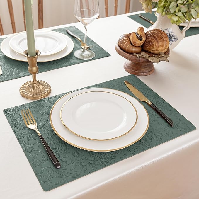 Romanstile Vinyl Placemats Set of 6-12 X 18 Inch - Heat Resistant Non-Slip Embossed Floral Place Mats 100% Waterproof Oilproof Wipeable Faux Leather Table Mats for Kitchen/Dining/Party, Green