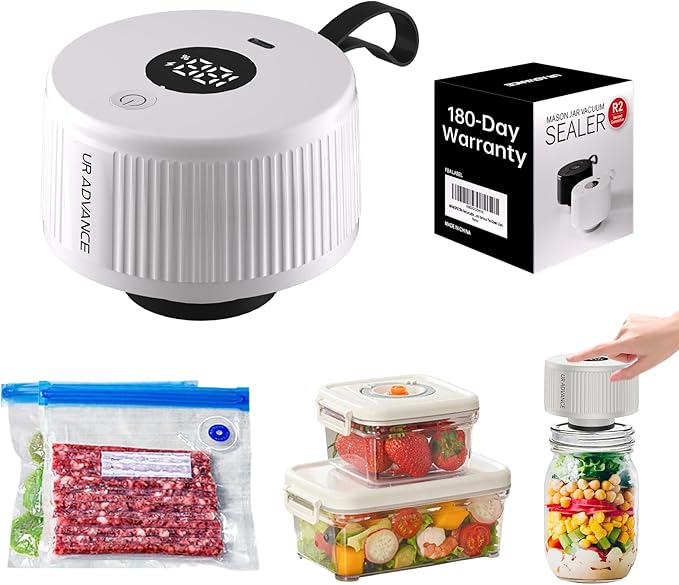 Mason Jar Vacuum Sealer Kit, 3-in-1 Auto-Stop Jar Sealer for Mason Jars, Bags & Food Containers, 1H Fast Charge, 4H Battery Life, Up to 250 Seals, Mason Jar Sealer in 7s, Easy One-Handed Operation