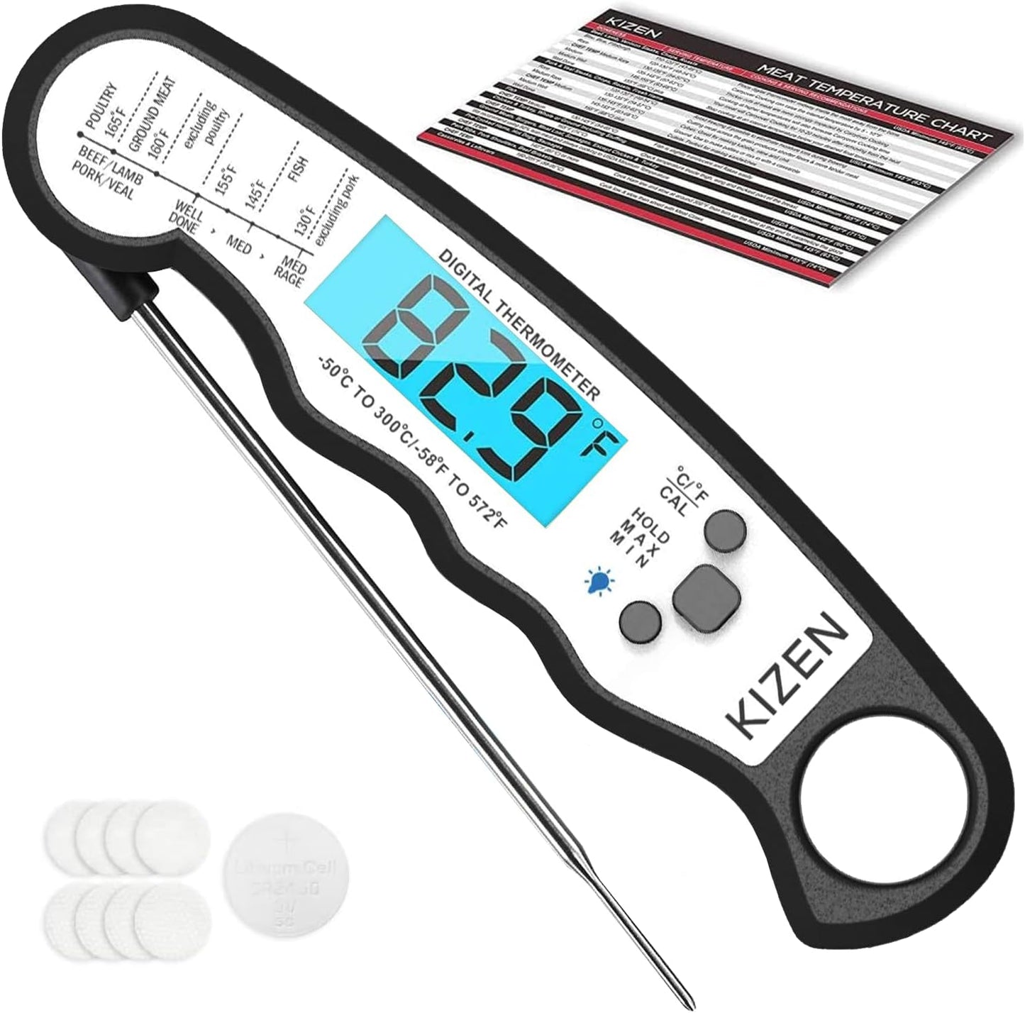 Kizen Instant Read Meat Thermometer Digital - Food Thermometer for Cooking, Grill, Oven, BBQ - Waterproof and Backlit Display - Kitchen Gadgets