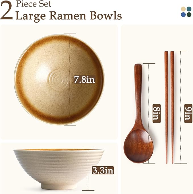 NUTRIUPS 8 Inch Ceramic Ramen Bowl Set of 2 Pho Bowls Japanese Noodle Udon Soup Bowls with Spoons and Chopsticks (Wheat Gold)