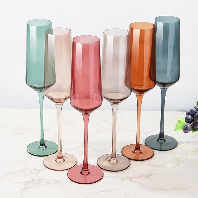 Colored Champagne Flutes Set of 6, Large 8 Oz Hand Blown Crystal Glasses, Lead-Free Colorful Glasses, Italian Style Tall Stemmed Glassware-Elegant Gift Box for Wedding, Party, Holidays, Birthdays