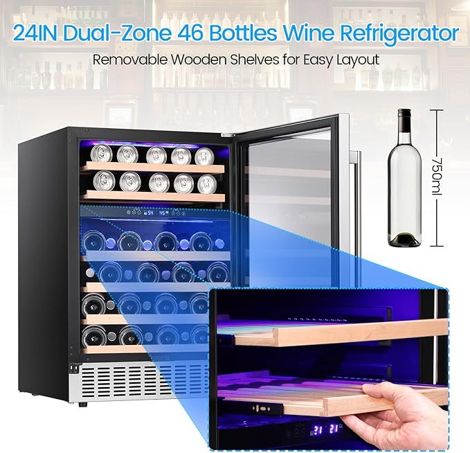 46 Bottle, 23.4 Inches Refrigerator Wine Fridge for Red White, Champagne, Beer, Temperature (41°F-68°F), Freestanding Built-in, Glass Door, 5.3 Cuft-Dual Zone, Silver