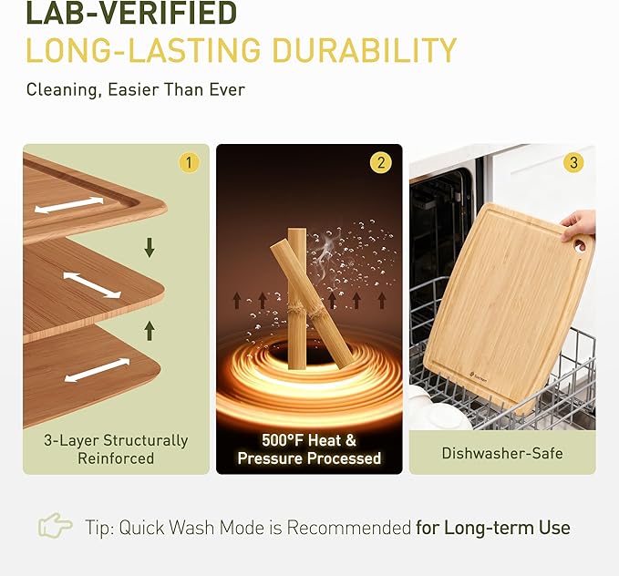 Lightweight Durable Bamboo Cutting Board Set with Non-Slip Feet, Wooden Cutting Boards for Busy Kitchen, Easy Storage & Clean Wooden Chopping Boards with Juice Groove Set of 2 (M+L)