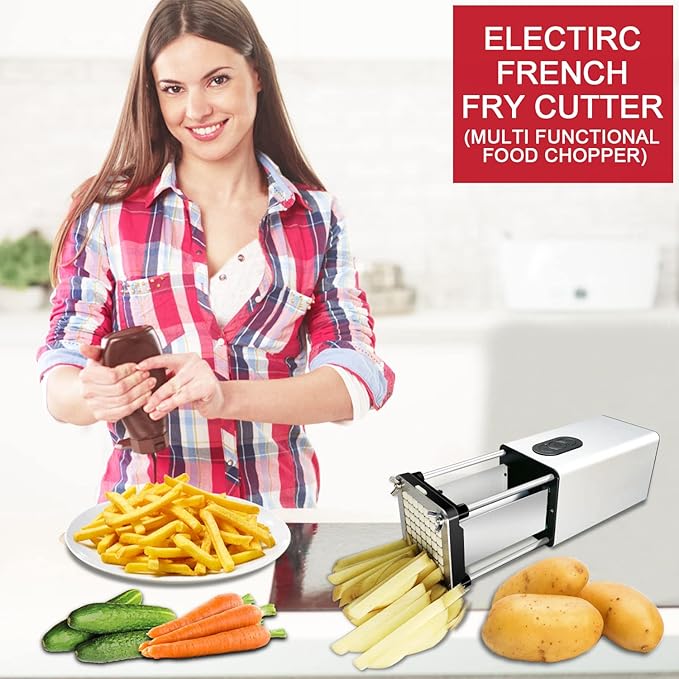 Electric French Fry Cutter, French Fry Cutter Stainless Steel with 1/2 & 3/8 Inch Blade, French Fries Cutter for Restaurants & Home Kitchen, Use for Potatoes Carrots, Cucumbers