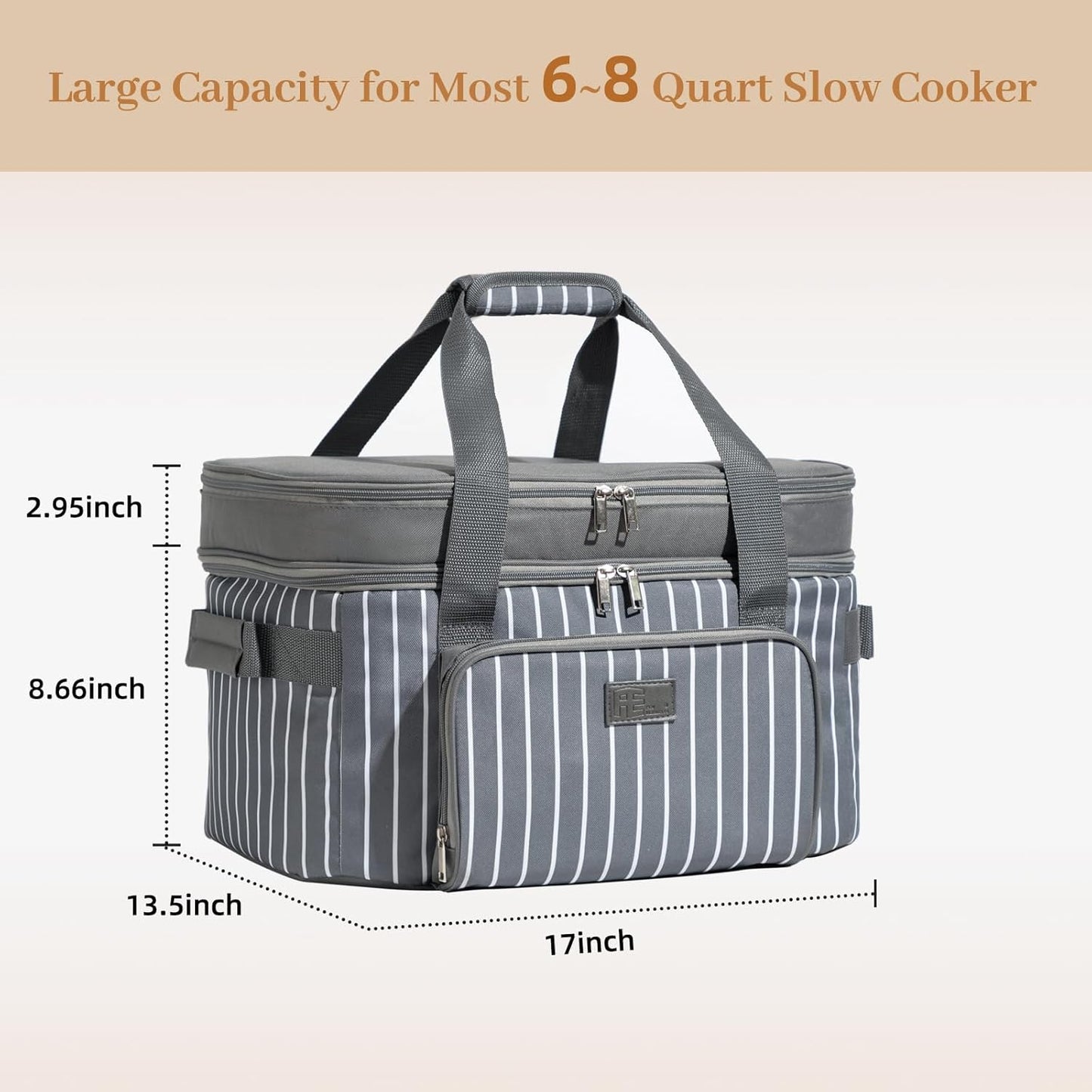Fun Elements Double Layer Slow Cooker Carrier Bag for 6-8 Quart Oval CrockPot, Insulated Crock Pot Travel Bag with Support Pad and Adjustable Straps, Top Zip Compartment and Front Pocket for Utensils