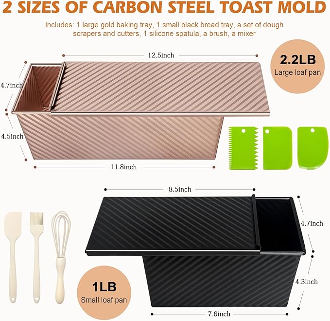 2Pack Pullman Loaf Pans with Lids – 2.2 LB & 1 LB Dough Capacity, Non-Stick Carbon Steel Bread Pans for Homemade Sandwich and Sourdough Bread, Corrugated Toast Mold