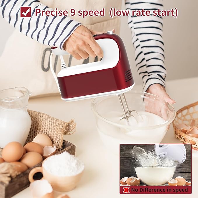 9-Speed Digital Hand Mixer Electric, 400W Powerful DC Motor, Baking Mixer Handheld with Snap-On Storage Case, 5 Stainless Steel Accessories, Flat Beaters, Dough Hooks, Whisk (Red&White)