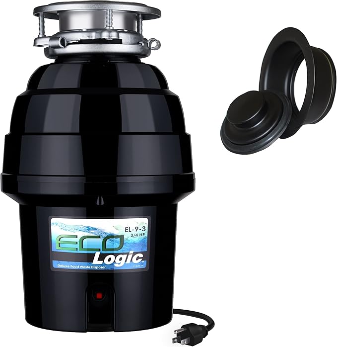 Eco Logic EL-9-DS-BK 9 Deluxe Designer Series Food Waste Disposer with Black Sink Flange, 3/4 HP