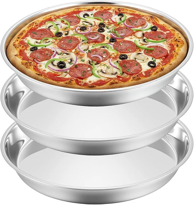 3 Pcs Deep Pizza Pans, 16" Stainless Steel Pizza Tray for Oven Reusable Round Kitchen Baking Cooking Pan Home Restaurant Safe Bakeware for Serving Displaying Cookie Cakes Pies, Dishwasher Safe