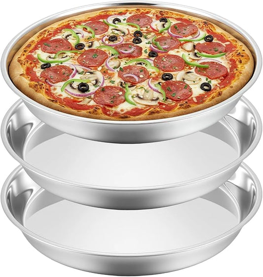 3 Pcs Deep Pizza Pans, 16" Stainless Steel Pizza Tray for Oven Reusable Round Kitchen Baking Cooking Pan Home Restaurant Safe Bakeware for Serving Displaying Cookie Cakes Pies, Dishwasher Safe