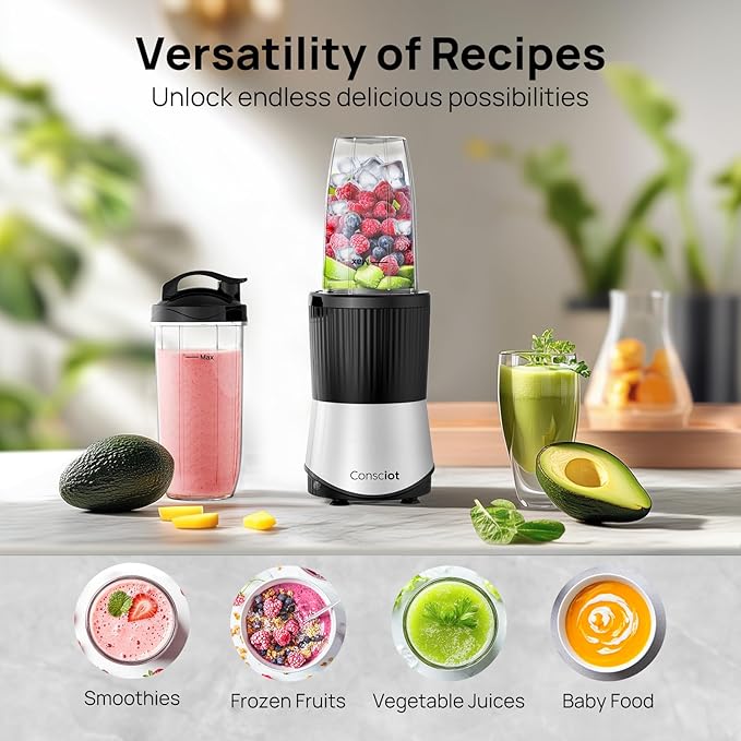 Consciot CB08 11-Piece Blender for Kitchen and Personal Size, Blend Shakes and Smoothies, Frozen Drinks, Baby Food, Spreads & More, 3 Portable To-Go Cups & 2 Spout Lids & 1 Solid Lid, 900 Peak Watts