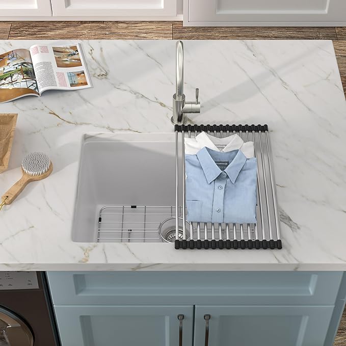 24 Undermount Laundry Sink - Fulorni 24"x18" Laundry Room Utility Sink White Granite Composite Quartz Classic 12 Inch Deep Single Bowl Under Counter Basin