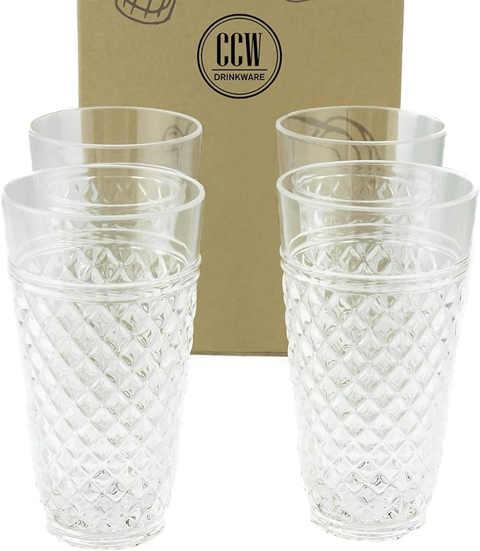 PG Plastic Drinking Glasses 20oz - Set of 4 Clear Acrylic Water Glasses - Plastic Tumblers, Safe & Reusable, Drinkware for Indoor & Outdoor Glassware