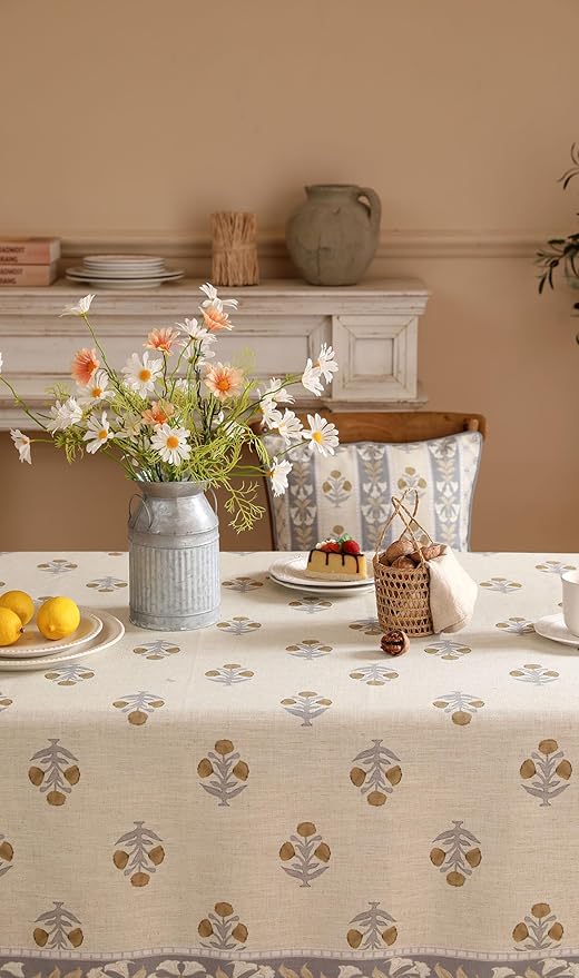 patdrea Designer Beige Tablecloth for Rectangle Tables,Vintage Linen with Yellow Flowers Pattern Tablecloths,Rustic Floral Table Cover Cloth Decor for Kitchen Dining Christmas,55"*79"