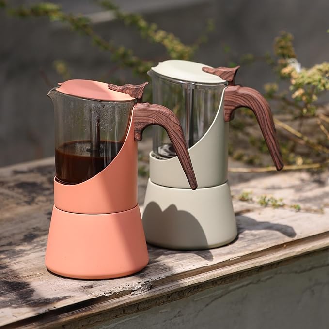 Glass Moka Pot for Stovetop & Induction - Italian Espresso Maker with Wood Handle & Leak-Proof Design - Comes with Induction Heat Diffuser Plate (6 Cup, Pale orange 240ml)