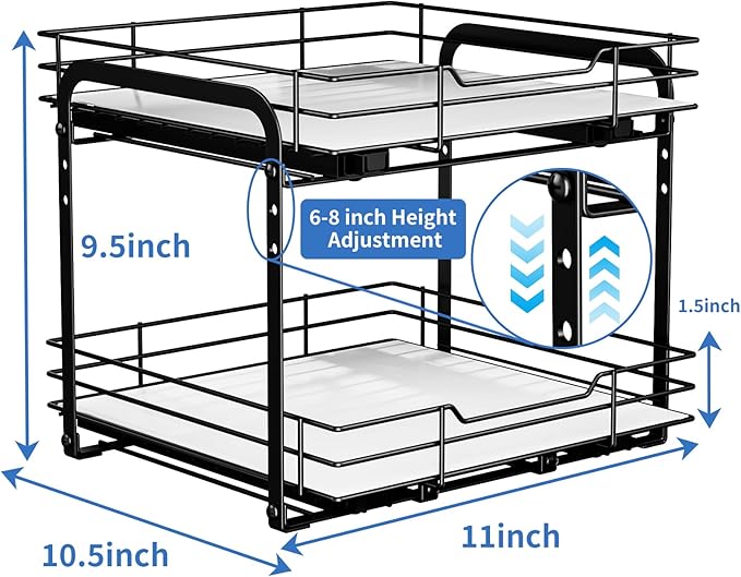 2-Tier Spice Rack Organizer, Pull Out Spice Rack for Cabinet, Height Adjustable Heavy Duty Metal Basket for Inside Cabinet & Pantry (11.5''Wx10.5''Dx9.5''H)