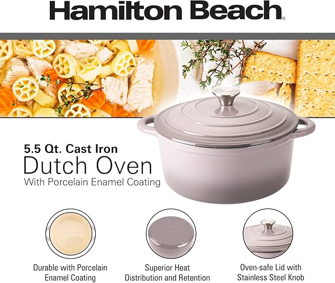Hamilton Beach 5.5-Quart Enameled Cast Iron Dutch Oven with Lid | Heavy-Duty Pot for Braising, Roasting & Baking | Gray
