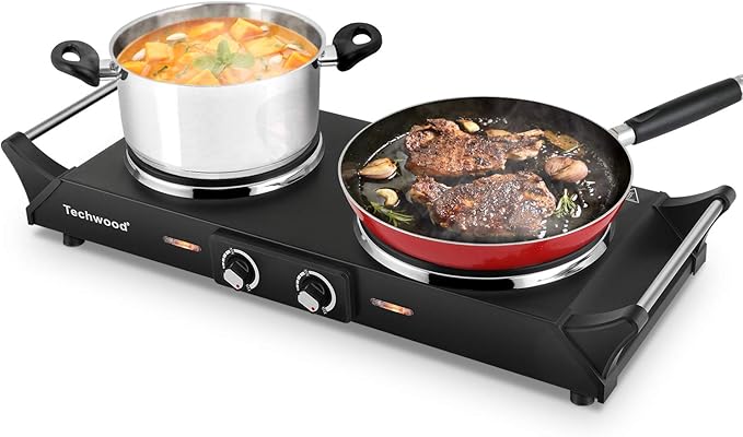 Techwood ES-3203 Hot Plate Electric Double Burner 1800W for Cooking with Adjustable Temperature & Stay Cool Handles, Black Stainless Steel, Compatible for All Cookwares