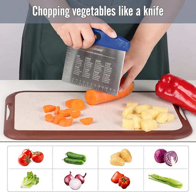 Ourokhome Dough Pastry Bench Cutter Scraper, Stainless Steel Pizza Cutter for Kitchen Baking, Dishwasher Safe, Anti-Wear Laser-Engraved Measuring Scale and Conversion Chart, 2 Pack, Blue