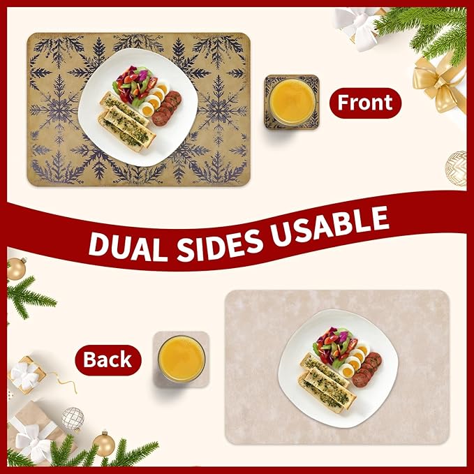 Le courant 16.9in 6PACK Christmas Blue Snowflake Placemats with 6 Coasters, Reversible Faux Leather Easy Clean Waterproof Stain Resistant Place Mats, for Home Party Dining Holiday Table Decor