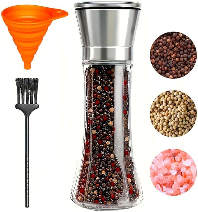 Pepper Grinder Salt Grinder, 8inch Stainless Steel Pepper Mill w/Adjustable Coarseness, Refillable Salt with Funnel, Cleaning Brush, Manual Pepper Grinder for Black Peppercorns