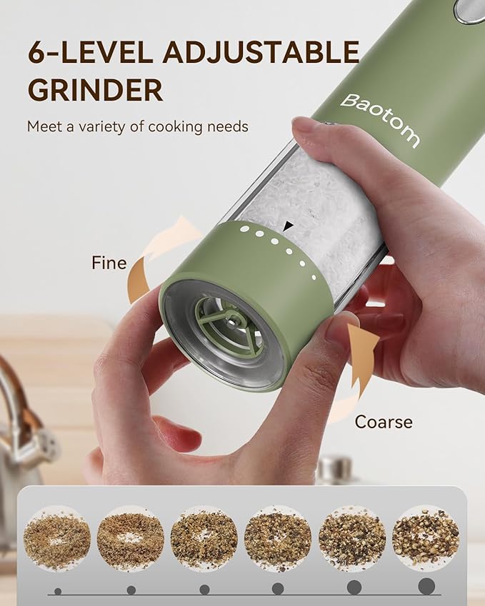 Electric Salt and Pepper Grinder Set with Dual Charging Base, 6 Adjustable Coarseness Levels & External Grind Settings, One-handed Operation Salt and Pepper Mills with LED Light,Green