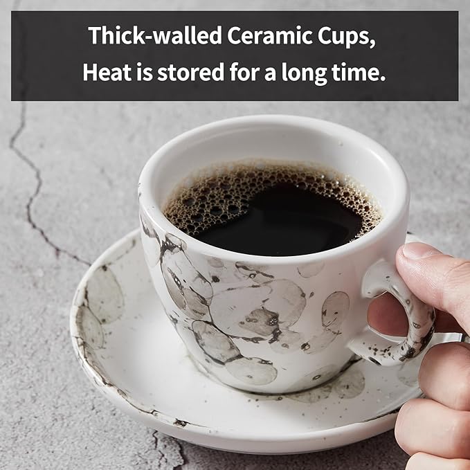 SIDUCAL Espresso Cups Set of 4,6 Ounce Ceramic Coffee Cups with Saucers,Porcelain Double Espresso Cup Set,Gift Box for Boyfriend Gift(White)