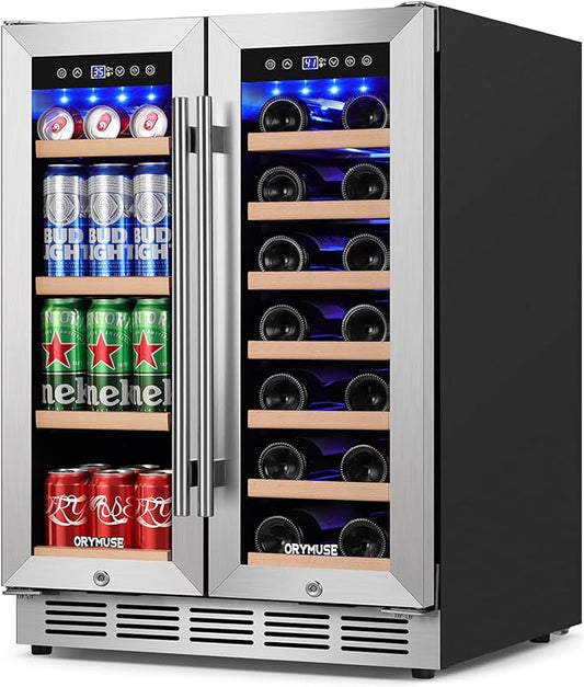24 Inch Dual Zone Wine and Beverage Refrigerator, Built-in or Freestanding Cooler with French Doors, Under Counter Drink Fridge with Upgraded Compressor for Beer, Wine, and Soda