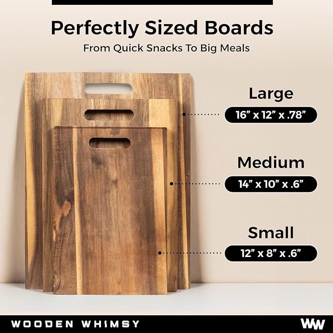 Modern Acacia Cutting Board Set with Holder and Oil Applicator- 3-Piece Wooden Kitchen Butcher Block - Solid Wood Chopping Blocks for Food Prepping, Charcuterie, and Cheeseboards