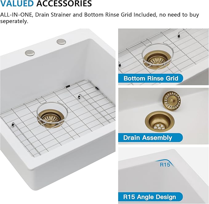 25 Granite Composite Kitchen Sink - Fulorni 25"×22" Granite Kitchen Sink Drop In Topmount White Quartz Classic Above Counter Single Bowl Basin