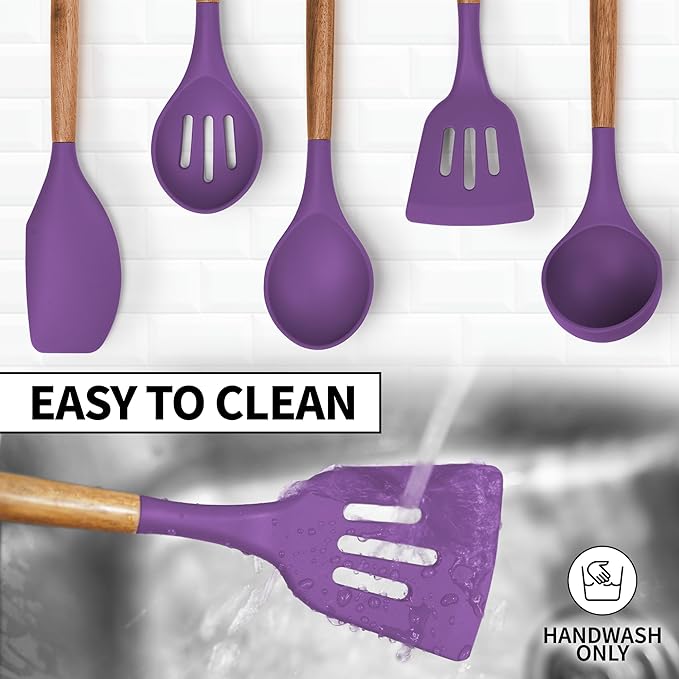 Zulay Kitchen Non-Stick Cooking Utensils Set with Authentic Acacia Wood Handles – 5-Piece Durable & Stylish Silicone Kitchen Utensils Set – Heat Resistant to 464°F – Purple