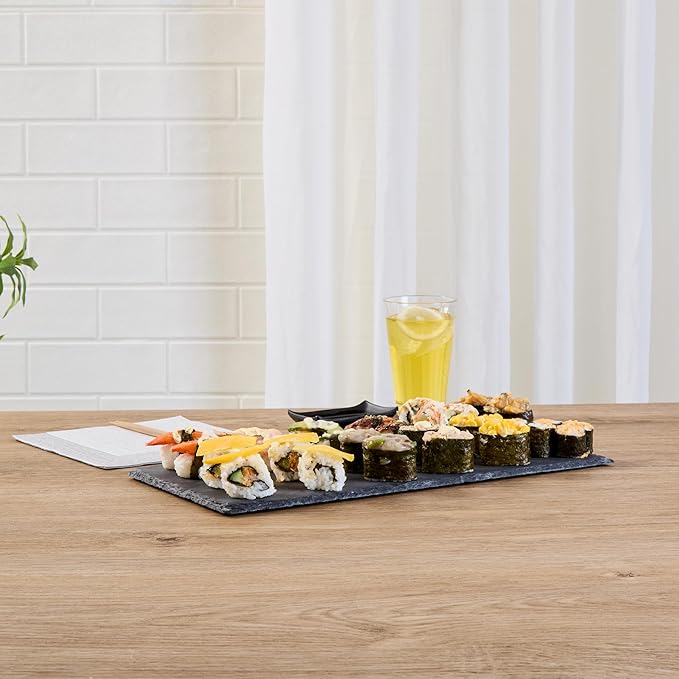 Restaurantware Slate Serving Tray 1 Pack of 15.7" x 7.8" Foam Feet Charcuterie Stone Plate Rustic Edges Freezable Black Serving Display Cheese Boards for Kitchen, Gourmet, Dining, Parties