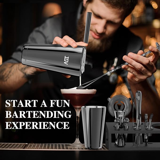 IOV Cocktail Shaker Set: 12-Piece Mixology Bartender Kit Bar Set | 18oz & 28oz Boston Shaker Drink Mixing Tools for Home with Recipe Booklet and Stand | Fun Housewarming Gift (Black)