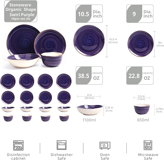 Highland 16-Piece Dinnerware Set Service for 4, Organic Shape Stoneware Plates and Bowls Set, Scratch Resistant, Microwave and Dishwasher Safe, Speckled Effect Handcrafted, Swirl Purple