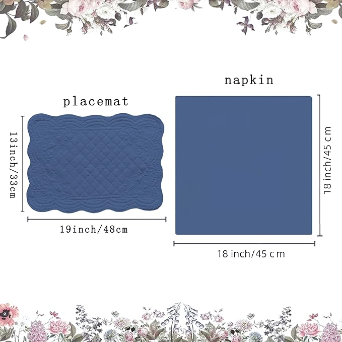Quilted Placemats Set of 4 with Matching Cotton Napkins – 4 Piece Table Mats & 4 Cloth Napkins – 100% Cotton Table Linen Set for Everyday & Holiday Dining (4, Denim Blue)