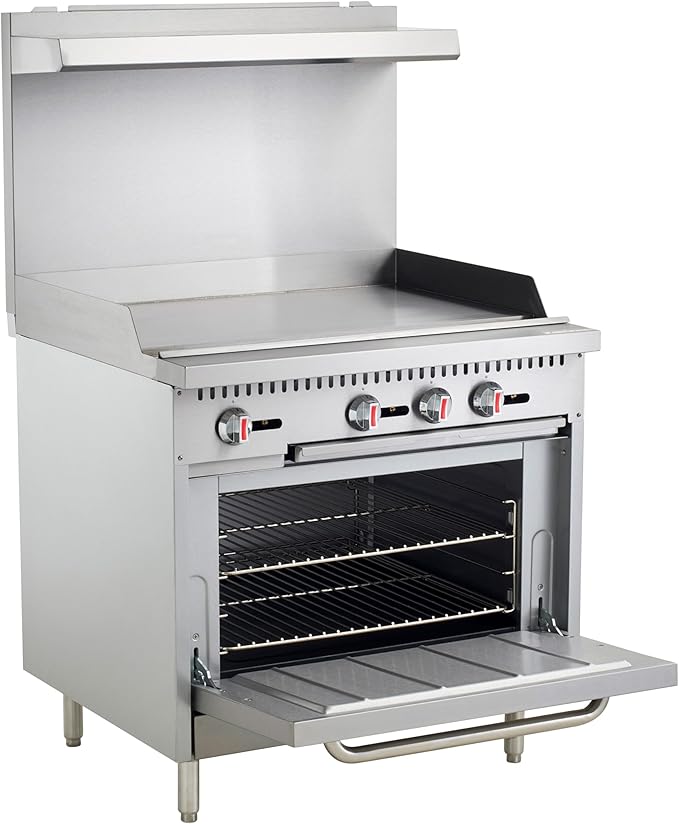 Kratos 36" Wide Commercial Gas Range and Oven, 36" Griddle with Full Sized Oven, 60,000 Total BTU, Stainless Steel Griddle for Restaurants, Liquid Propane (29Y-174-LP)