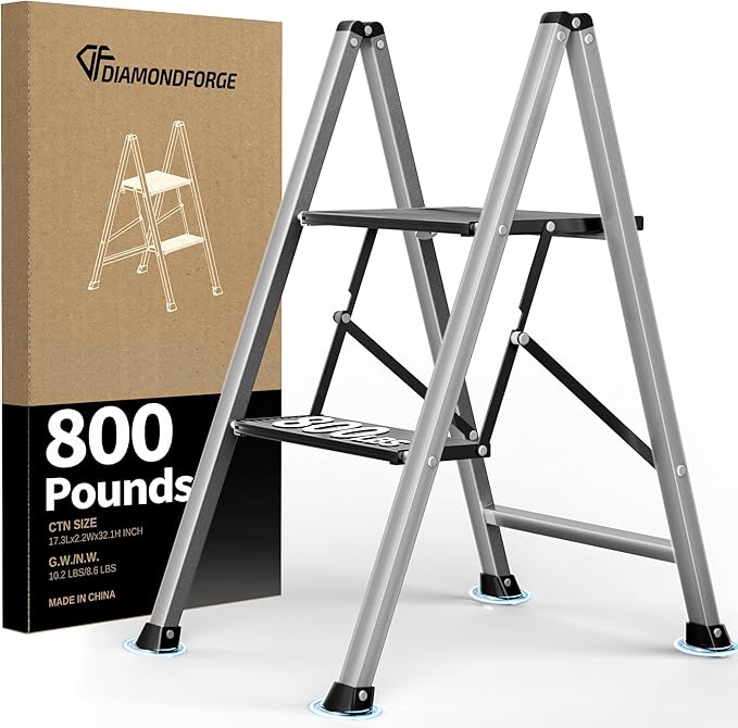 2 Step Aluminum Ladder, 800 lbs Capacity, Folding Step Stool for Adults, Anti-Slip Sturdy and Wide Pedal, Lightweight and Portable Stepladder for Home,Office, Grey