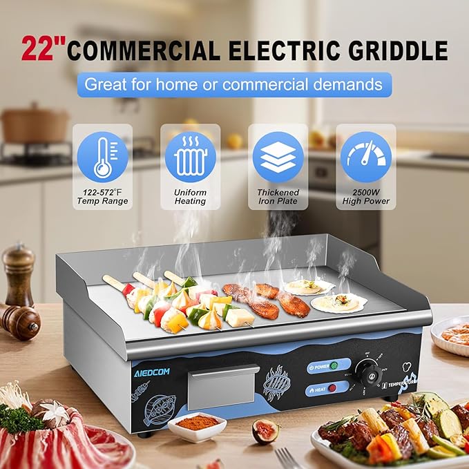 22 Inch Commercial Electric Griddle, Countertop Griddle with Non-stick Flat Top Grill, Stainless Steel Kitchen 2500W Electric Griddle for Home or Restaurant