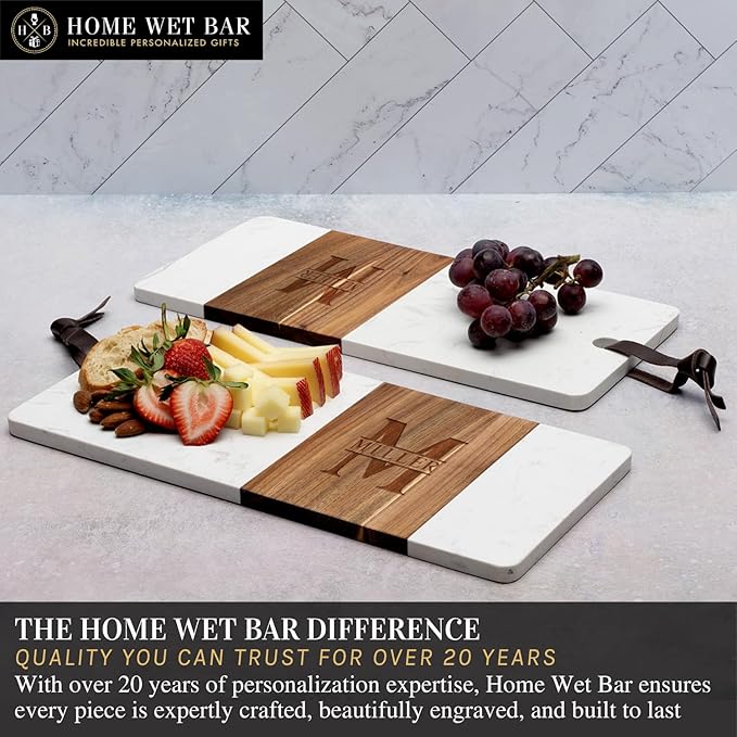 HomeWetBar Personalized Acacia Charcuterie Board | Custom 15" x 7" White Marble & Acacia Wood Cheese Board | Perfect Housewarming + Wedding + Couples Gift Idea