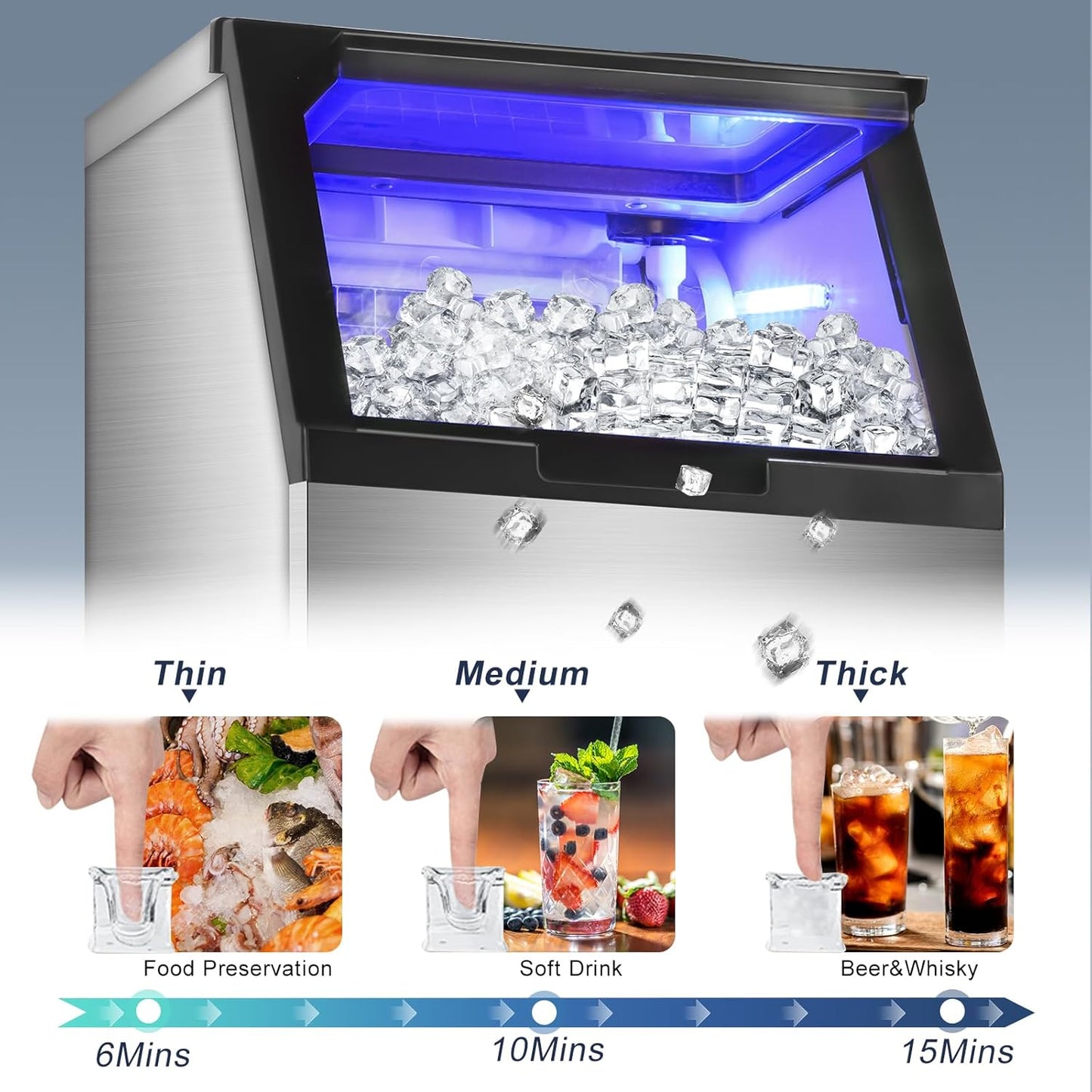 Commercial Ice Maker Machine 140LBS/24H with 30LBS Storage Bin, Stainless Steel Undercounter/Freestanding Ice Maker Machine for Home Bar Outdoor, 45PCS Ice Cubes Ice Machine, Self Cleaning