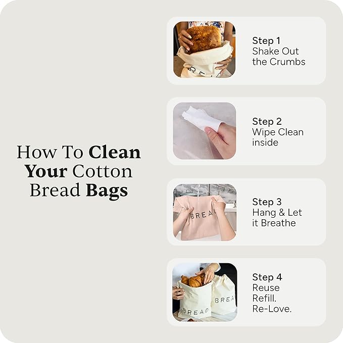Leafico Reusable Bread Bags – 2 Cotton Storage Bags + 1 Baguette Bag with Food Safe TPU Liner – For Homemade Bread, Sourdough, Artisan Loaves – Freezer Safe & Washable Plastic Alternative
