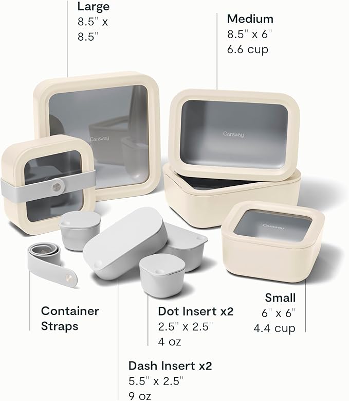 Caraway 14pc Glass Food Storage Container Set - Easy to Store, Non Toxic Lunch Box - with Glass Lids - Includes Storage Organizer & Dot & Dash Inserts - Cream