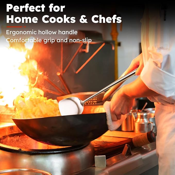 MARTE 17’’ Cooking Utensils Set，304 Stainless Steel Kitchen Spatula Set of 4,Heat Resistant Long Kitchen Utensil for Cooking，Wok Spatula, Soup Ladle, Slotted Spoon,Turner，BPA Free