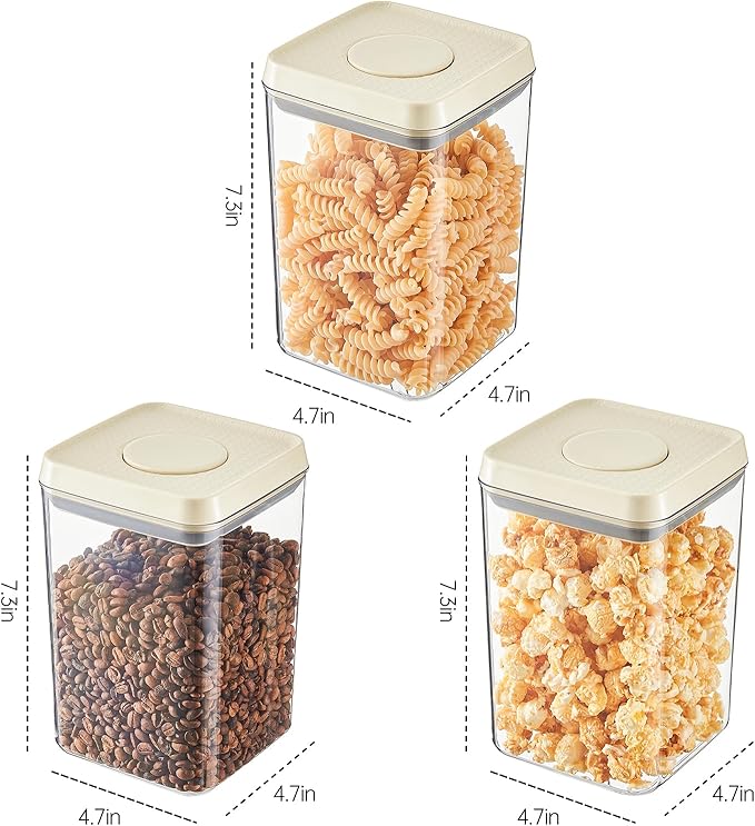 Airtight Food Storage Containers with Pop-Top Lids, 3 Pcs Stackable Plastic Canisters for Kitchen Pantry Organization, BPA-Free, Ideal for Cereal, Snack, Flour, Sugar, and Dry Food, 1.54qt*3