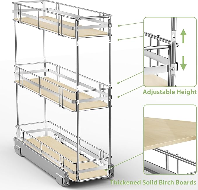 ROOMTEC 3-Tier Pull Out Cabinet Organizer Spice Rack for Narrow Cabinet 6" W x 20½" D, Slide Out Wood Shelves Storage for Kitchen