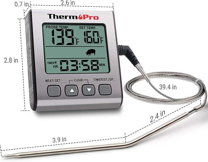 ThermoPro TP16S Digital Meat Thermometer for Cooking and Grilling, BBQ Food Thermometer with Backlight and Kitchen Timer, Grill Temperature Probe Thermometer for Smoker, Barbecue, Oven, Baking,Oil